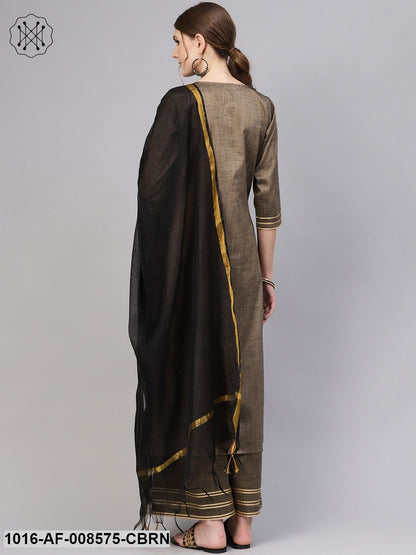 Dark Brown Straight Kurta Set With Palazzo & Black Chanderi Dupatta