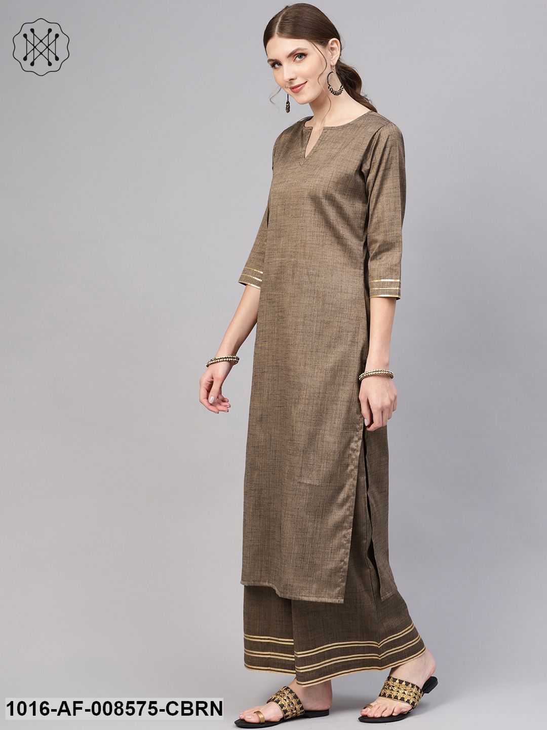 Dark Brown Straight Kurta Set With Palazzo & Black Chanderi Dupatta