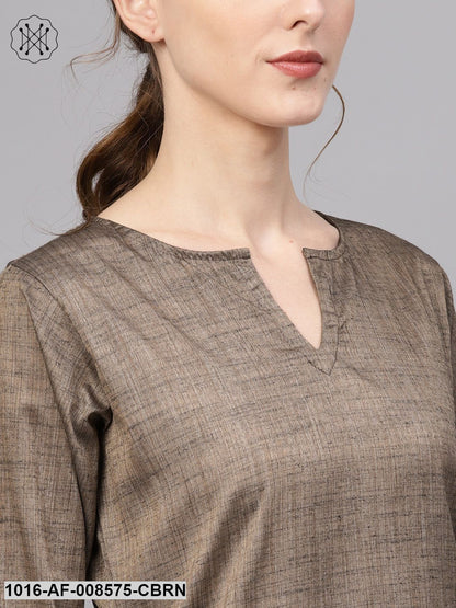 Dark Brown Straight Kurta Set With Palazzo & Black Chanderi Dupatta