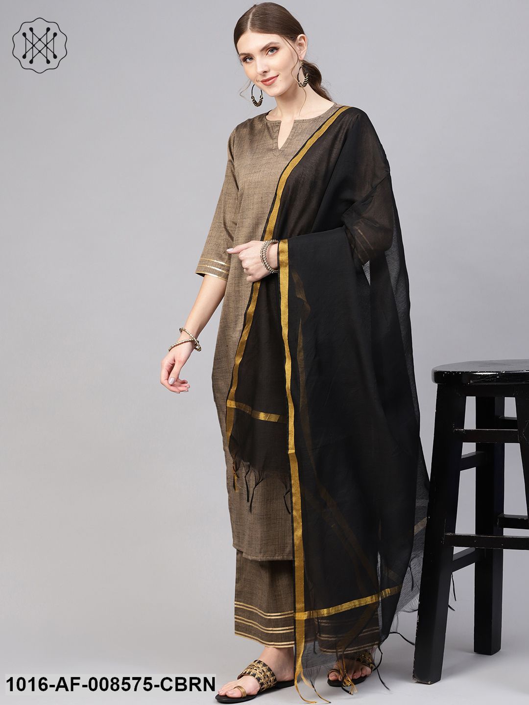 Dark Brown Straight Kurta Set With Palazzo & Black Chanderi Dupatta