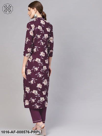 Dark Purple Floral Printed Straight Kurta With Straight Pants