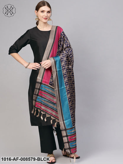 Black Straight Kurta With Pants & Navy Blue Printed Dupatta