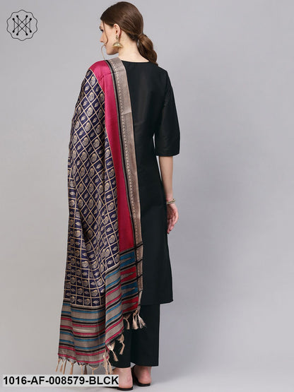 Black Straight Kurta With Pants & Navy Blue Printed Dupatta