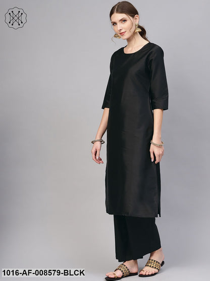 Black Straight Kurta With Pants & Navy Blue Printed Dupatta