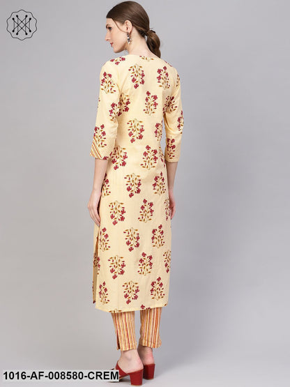 Cream & Pink Printed Straight Kurta With Striped Pants
