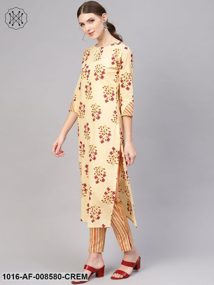 Cream & Pink Printed Straight Kurta With Striped Pants