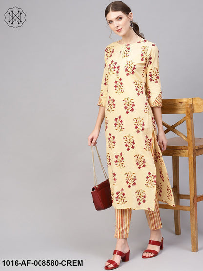 Cream & Pink Printed Straight Kurta With Striped Pants