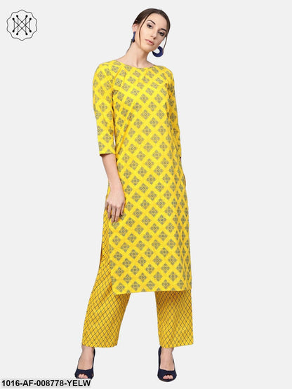 Yellow & Blue Geometric Printed Kurta set with Straight Pant