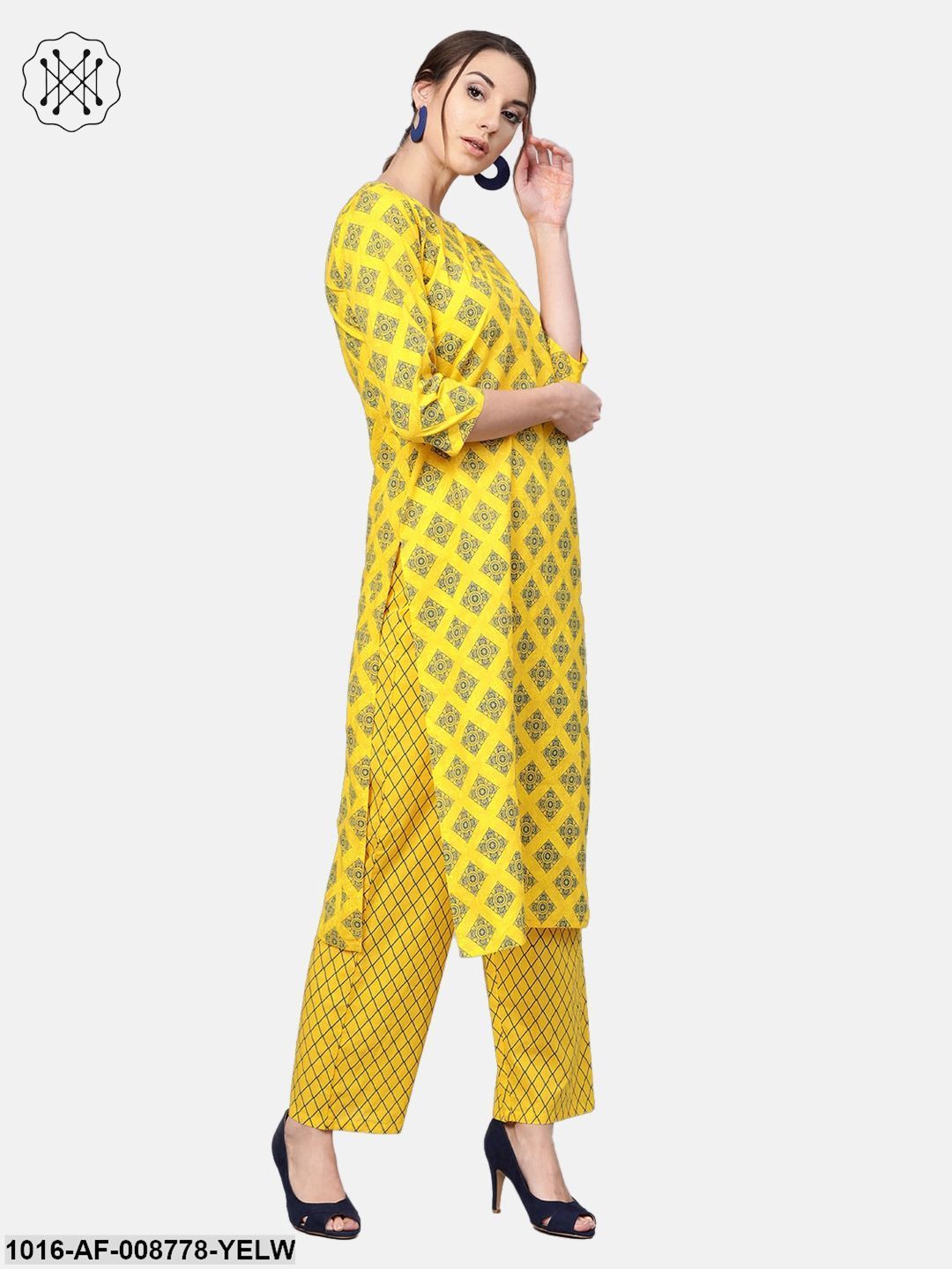 Yellow & Blue Geometric Printed Kurta set with Straight Pant