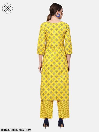 Yellow & Blue Geometric Printed Kurta set with Straight Pant
