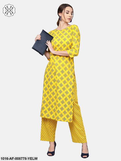 Yellow & Blue Geometric Printed Kurta set with Straight Pant