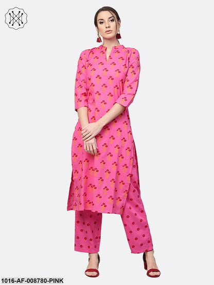 Pink Printed cotton Kurta set with Straight pant