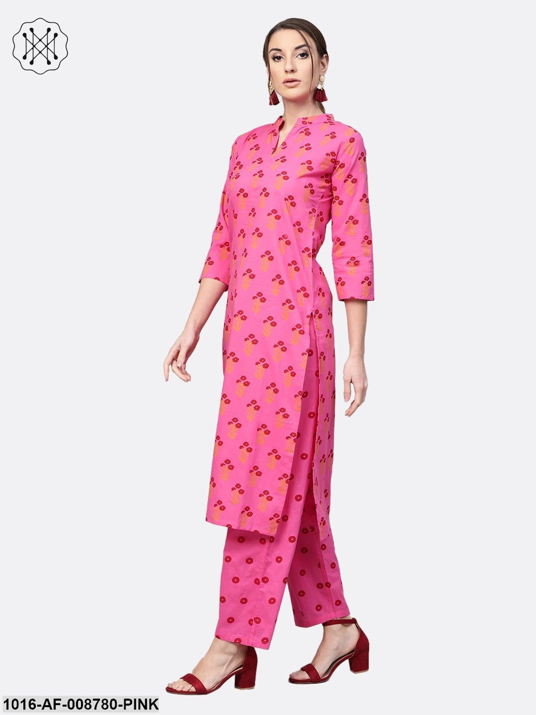 Pink Printed cotton Kurta set with Straight pant