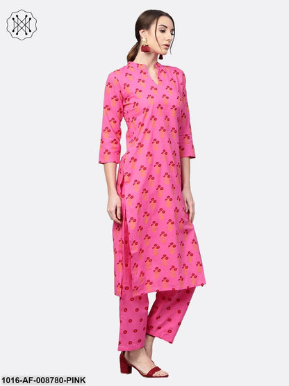 Pink Printed cotton Kurta set with Straight pant