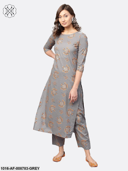 Slate Grey Multi coloured printed Straight kurta Set with Straight Pants