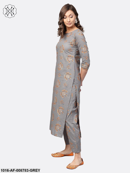 Slate Grey Multi coloured printed Straight kurta Set with Straight Pants