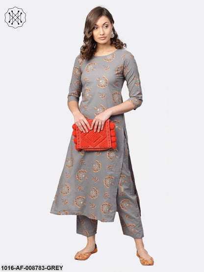 Slate Grey Multi coloured printed Straight kurta Set with Straight Pants
