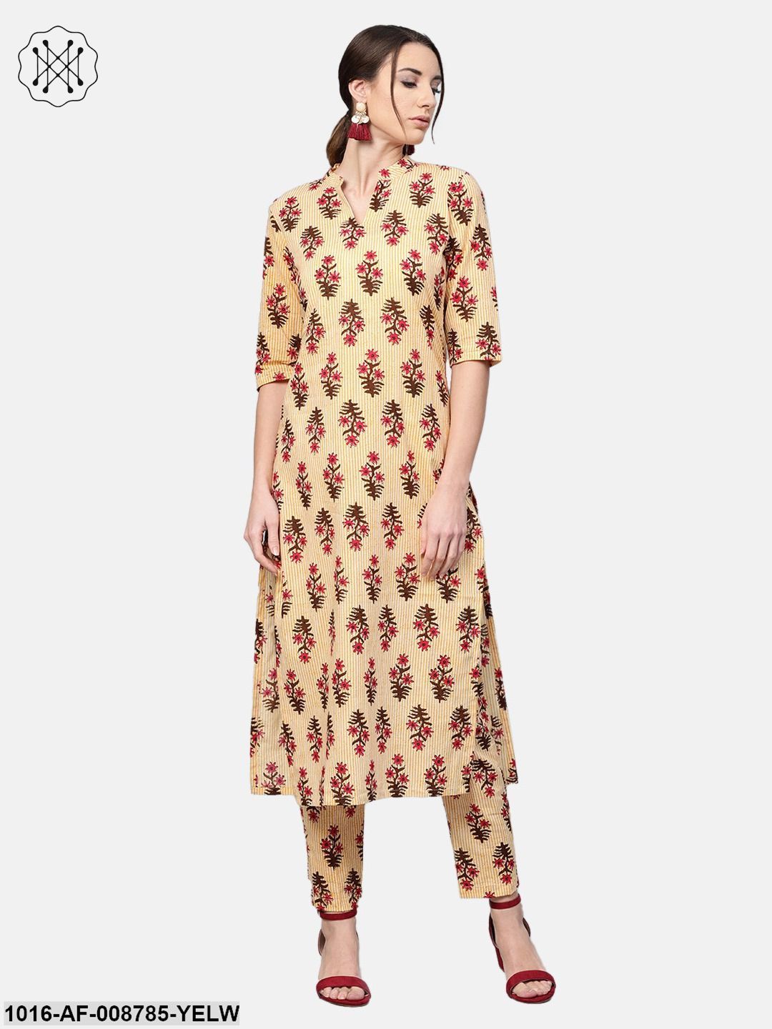 Yellow striped Multi coloured Printed Kurta set with Pants
