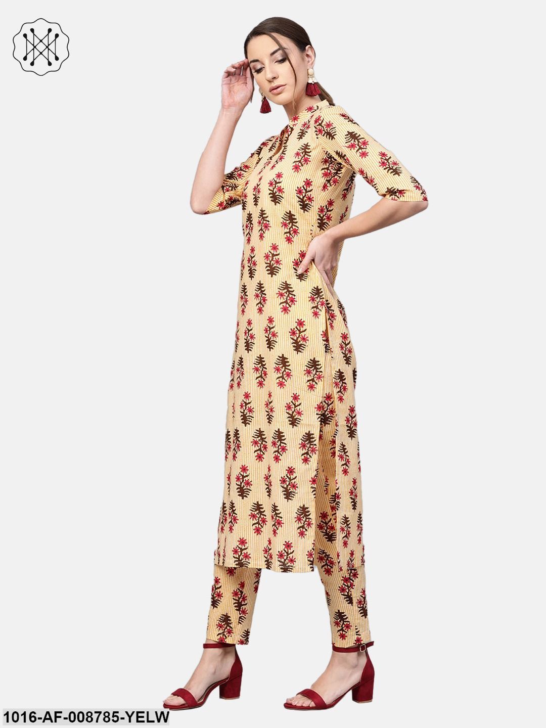 Yellow striped Multi coloured Printed Kurta set with Pants