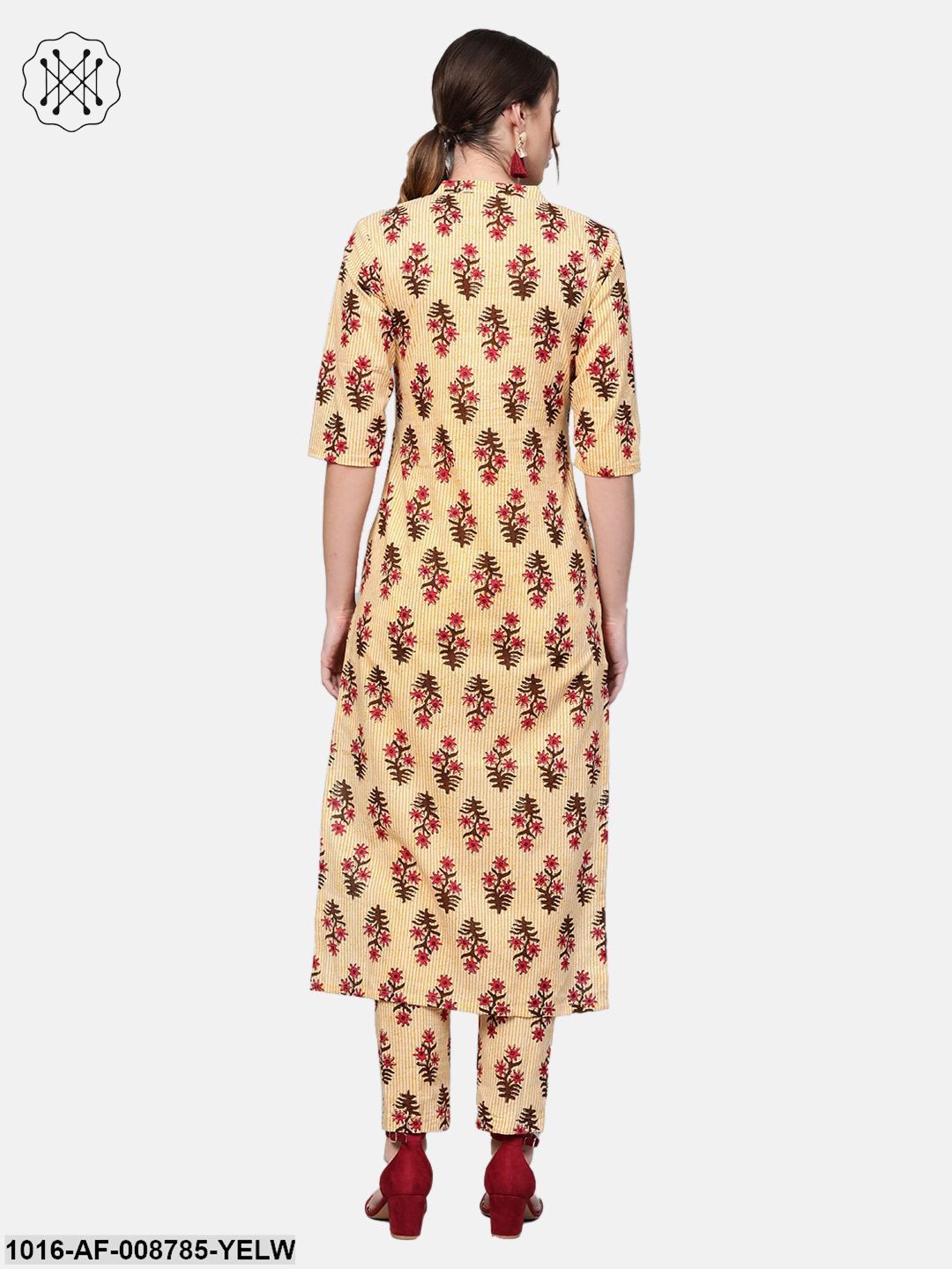 Yellow striped Multi coloured Printed Kurta set with Pants