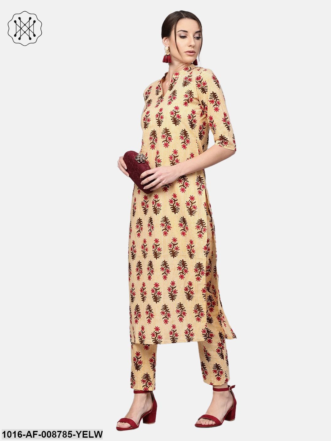 Yellow striped Multi coloured Printed Kurta set with Pants