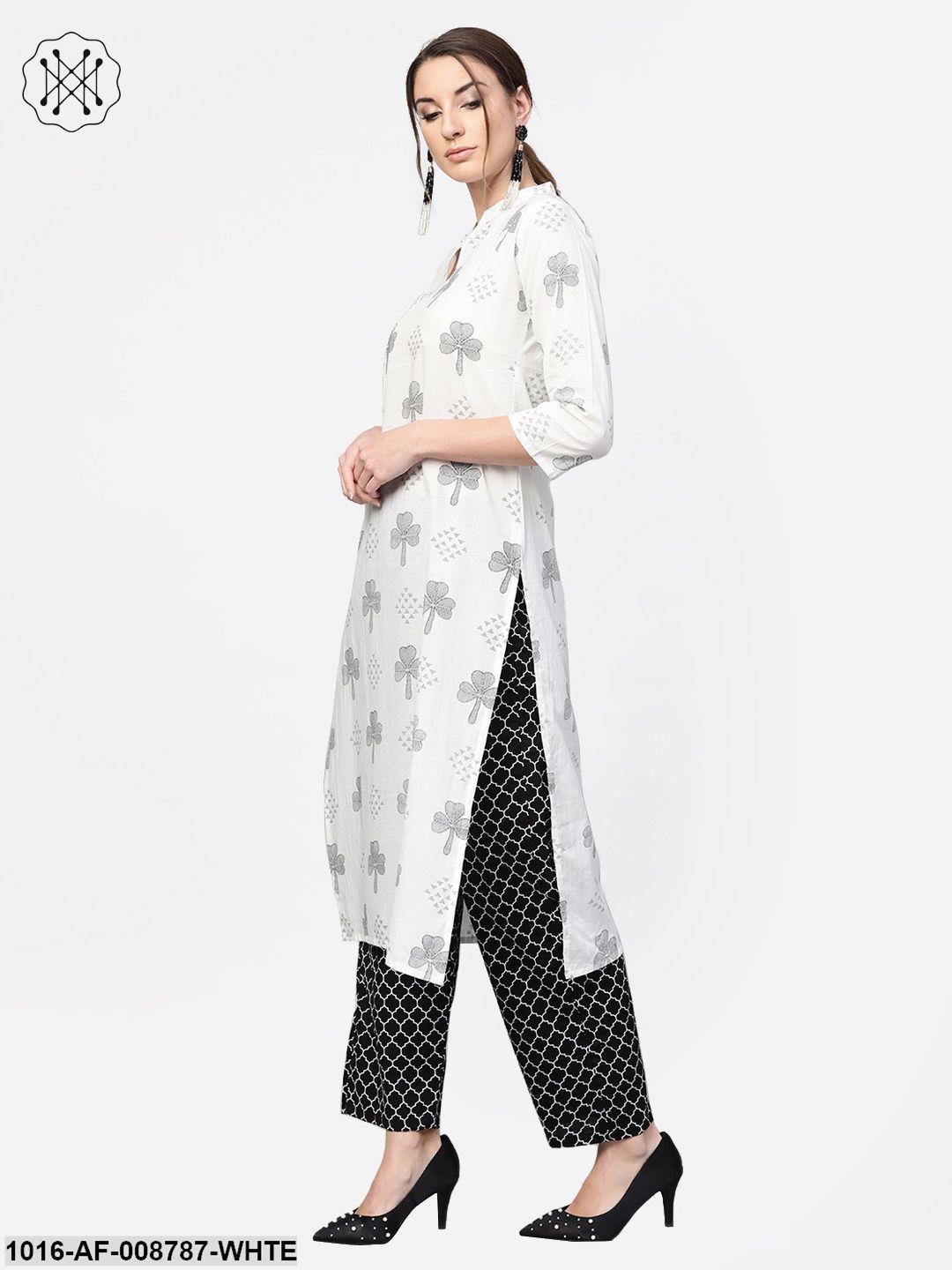 White & Navy Blue Printed Kurta set with Pants