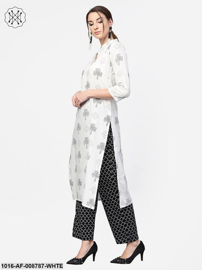 White & Navy Blue Printed Kurta set with Pants