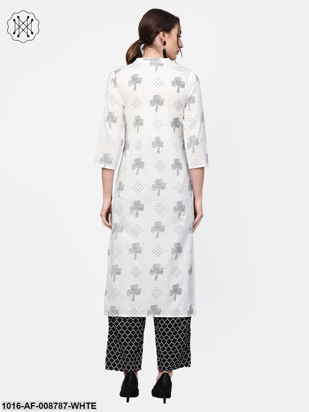 White & Navy Blue Printed Kurta set with Pants