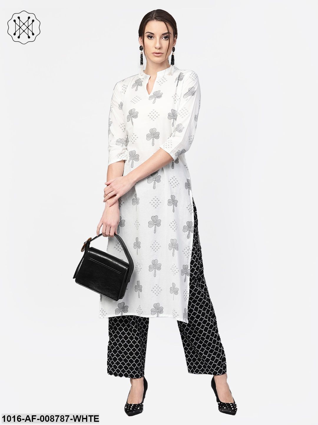 White & Navy Blue Printed Kurta set with Pants