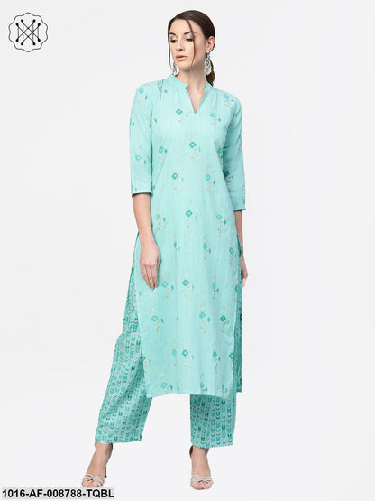 Turquoise Blue Gold printed Kurta set with Pants
