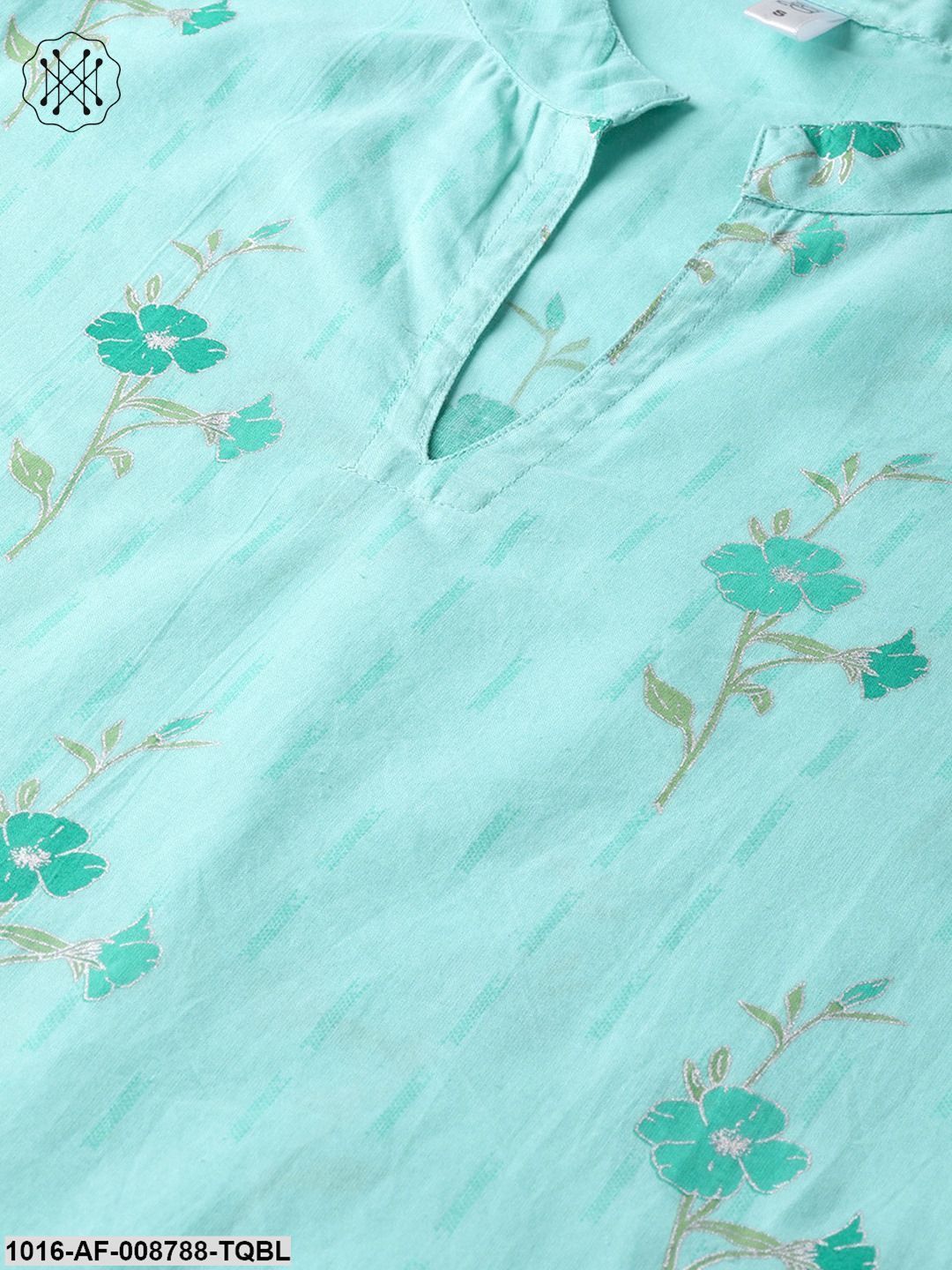 Turquoise Blue Gold printed Kurta set with Pants