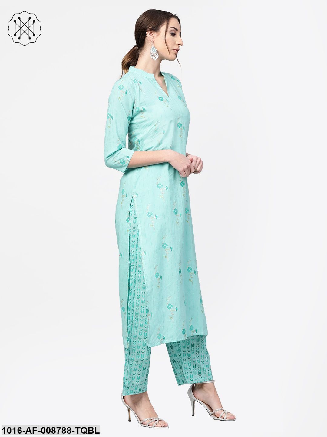 Turquoise Blue Gold printed Kurta set with Pants