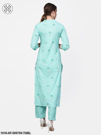 Turquoise Blue Gold printed Kurta set with Pants