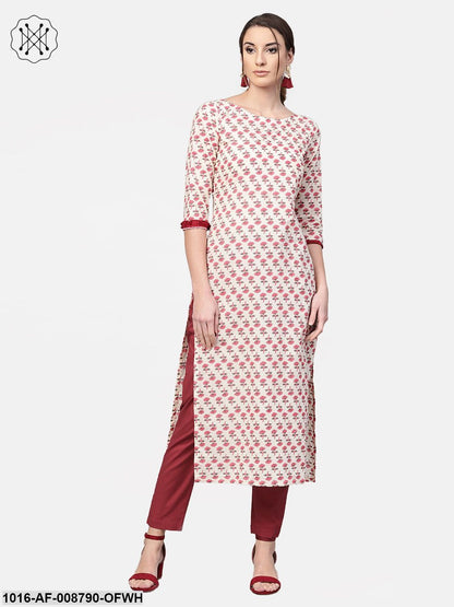 Off- White Pink printed Kurta set with Solid Maroon Pant