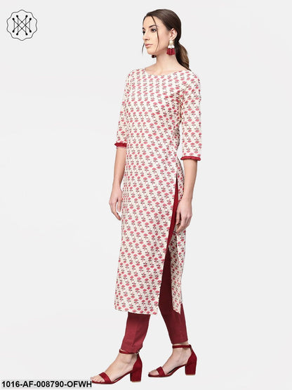 Off- White Pink printed Kurta set with Solid Maroon Pant