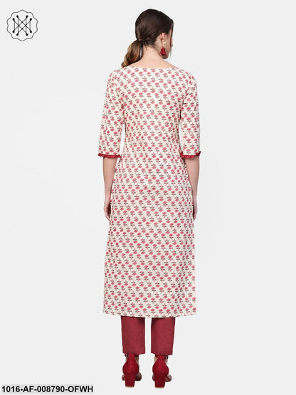 Off- White Pink printed Kurta set with Solid Maroon Pant