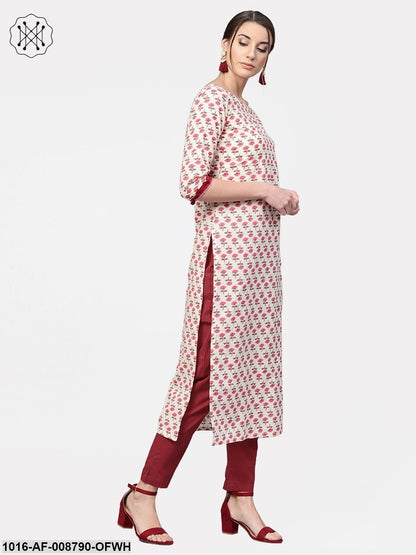 Off- White Pink printed Kurta set with Solid Maroon Pant