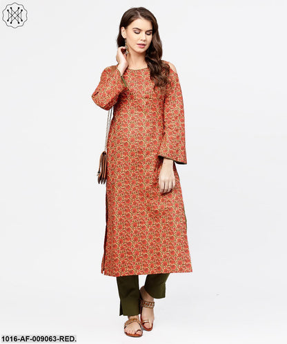 Red Printed Long Sleeve Cold Shoulder Cotton Kurta With Green Ankle Length Palazzo