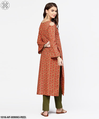 Red Printed Long Sleeve Cold Shoulder Cotton Kurta With Green Ankle Length Palazzo