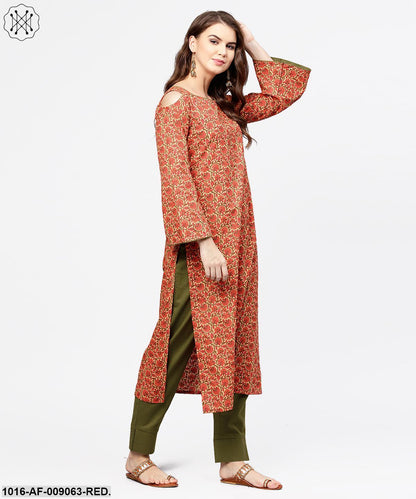 Red Printed Long Sleeve Cold Shoulder Cotton Kurta With Green Ankle Length Palazzo