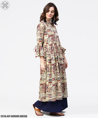Beige Full Sleeve Cotton Anarkali Kurta With Blue Flared Ankle Length Palazzo