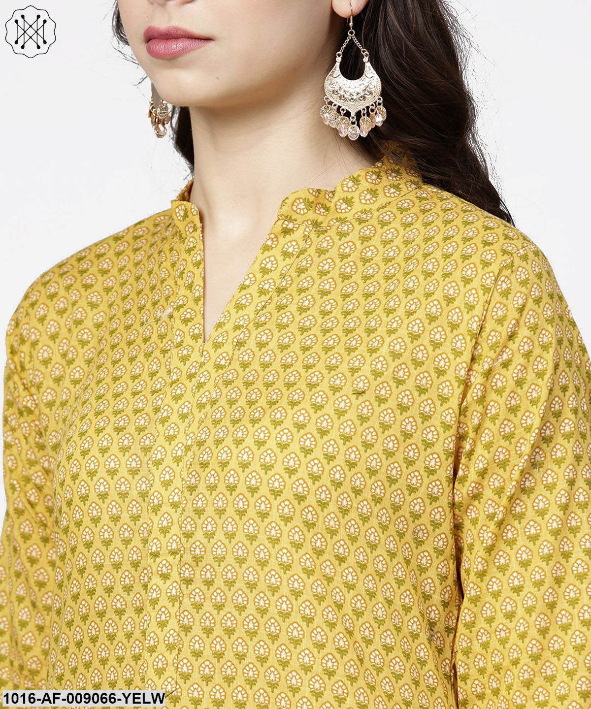 Yellow 3/4Th Sleeve Printed Cotton Straight Kurta Green Ankle Length Palazzo