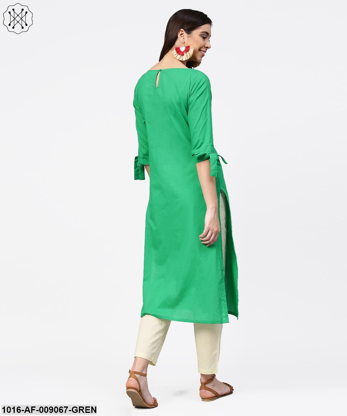 Green Yoke Printed Half Sleeve Cotton Kurta With Cream Ankle Length Palazzo