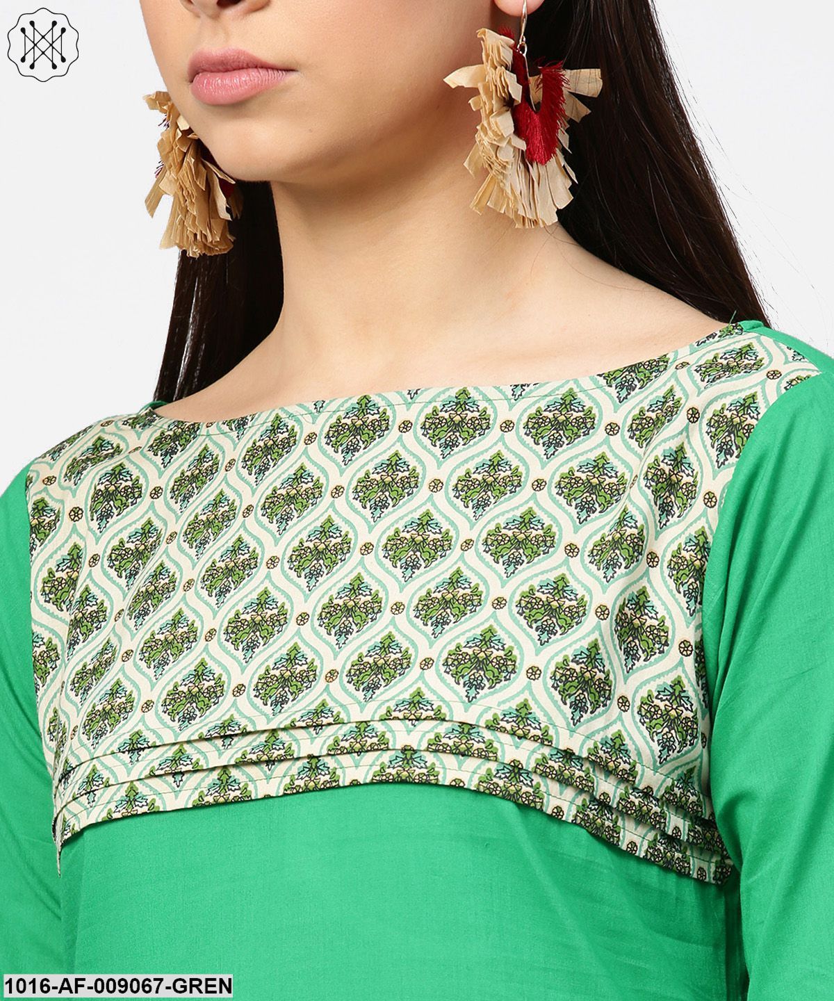 Green Yoke Printed Half Sleeve Cotton Kurta With Cream Ankle Length Palazzo