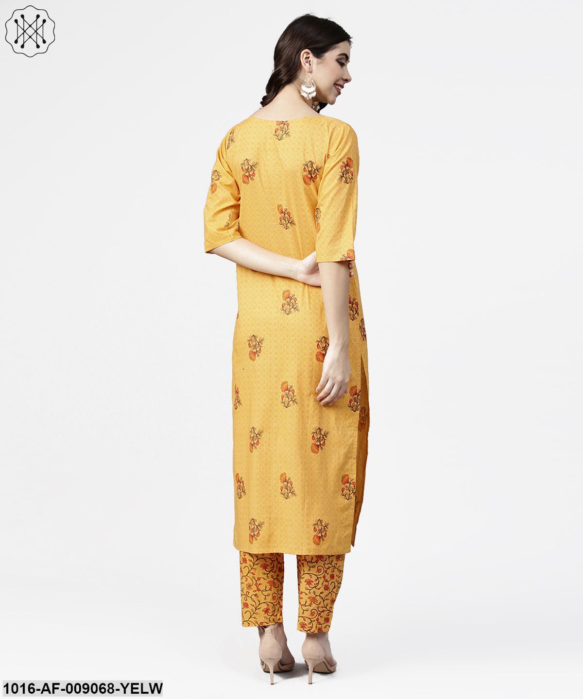 Yellow 3/4Th Sleeve Cotton Kurta With Ankle Length Printed Palazzo