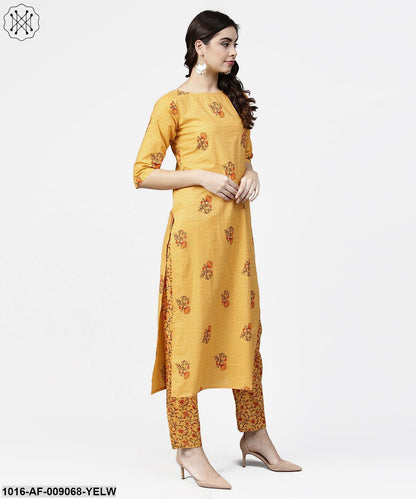 Yellow 3/4Th Sleeve Cotton Kurta With Ankle Length Printed Palazzo