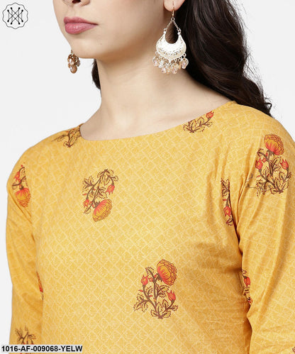 Yellow 3/4Th Sleeve Cotton Kurta With Ankle Length Printed Palazzo
