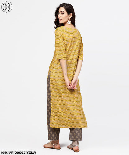 Yellow 3/4Th Sleeve Cotton Kurta With Grey Printed Palazzo