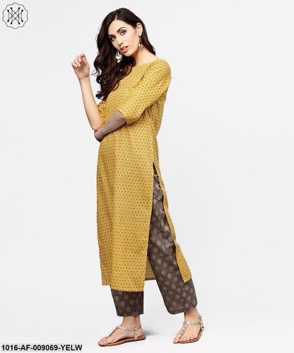 Yellow 3/4Th Sleeve Cotton Kurta With Grey Printed Palazzo
