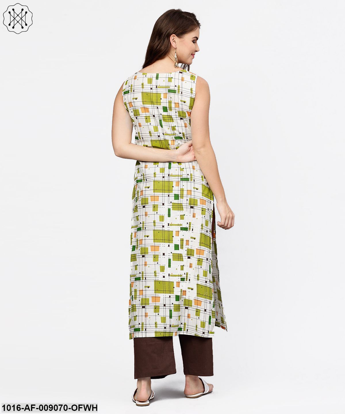 Off White & Green Printed Sleeveless Cotton Kurta With Coffee Ankle Length Palazzo